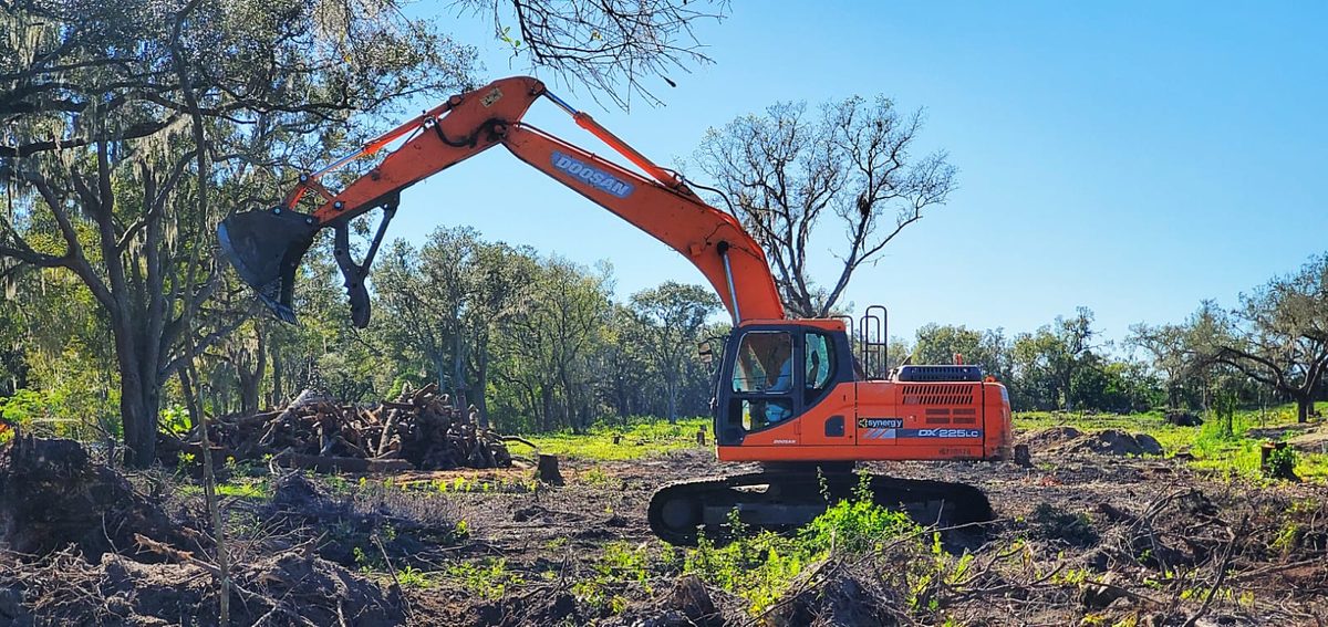 Land clearing project — Doosan DX225LC excavator working a freshly grubbed lot with stump pile in background